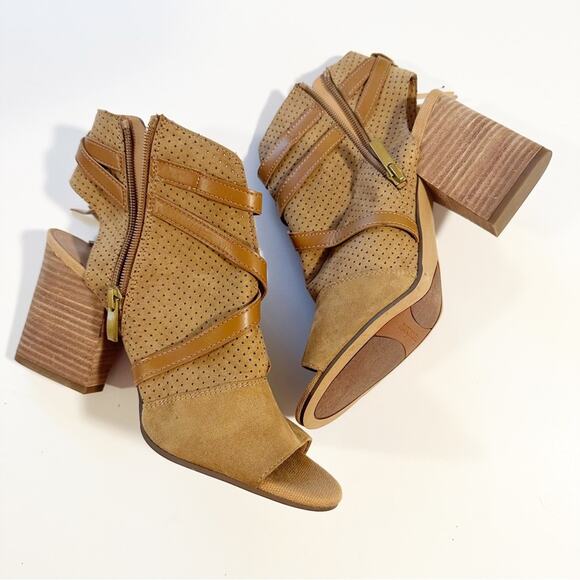 Franco Sarto Fina Tan Peep Toe Bootie Block Heels - Picture 4 of 9